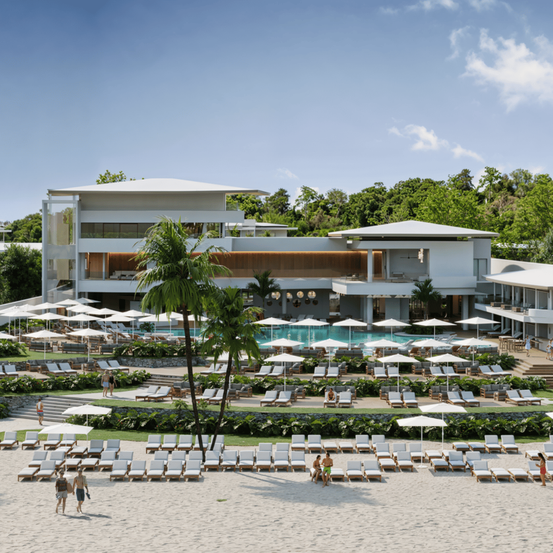 Aerial rendering of the club and cabanas above the sand